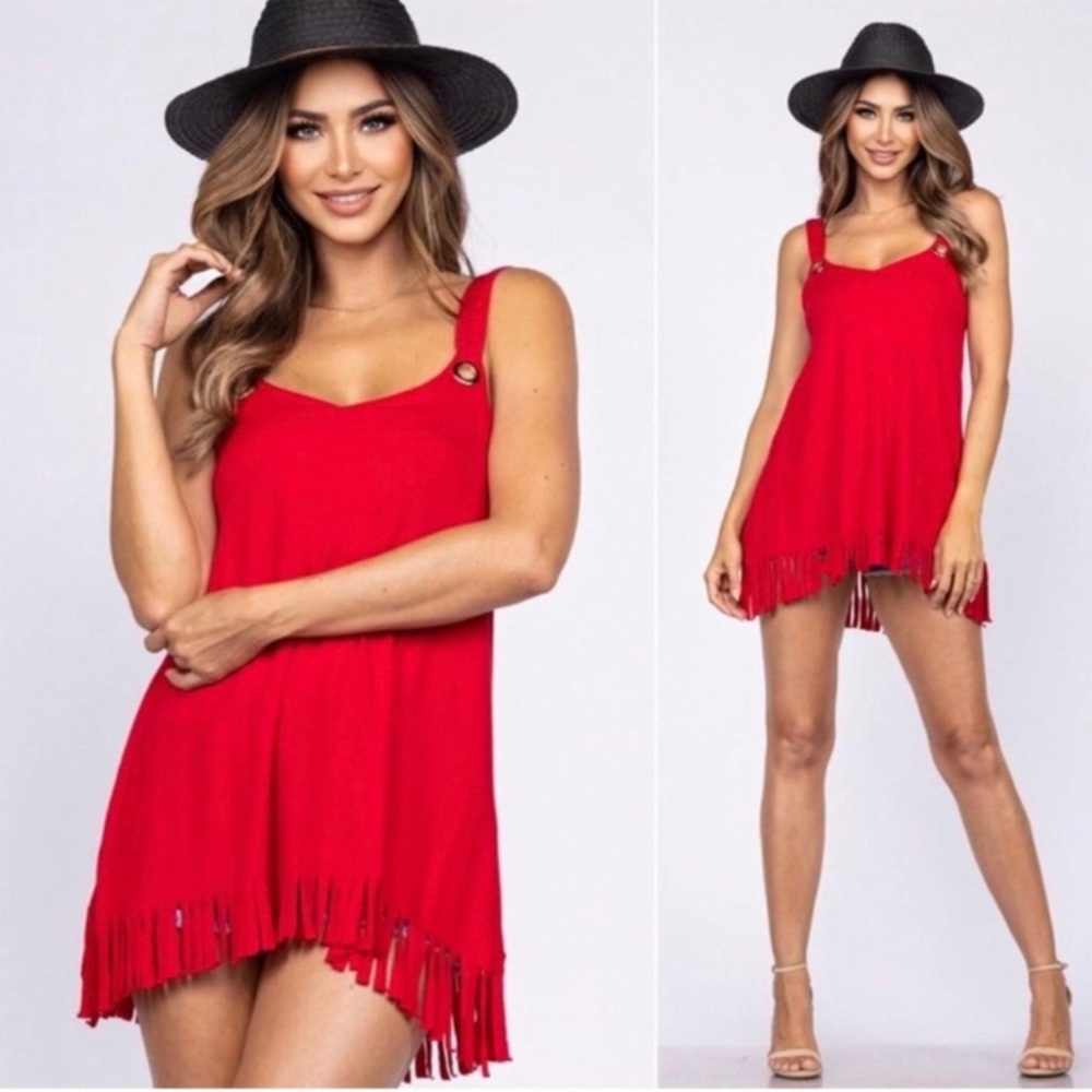 Red Fringe Grommet Tank Tunic Top Y2K 90’s